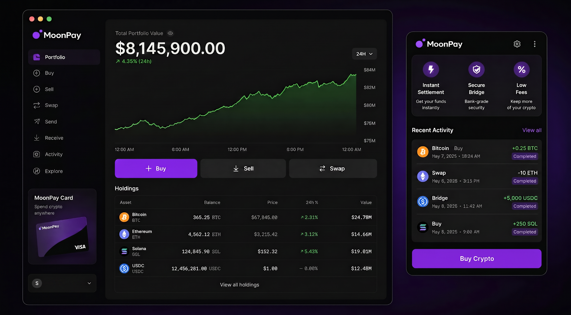 MoonPay desktop application dashboard